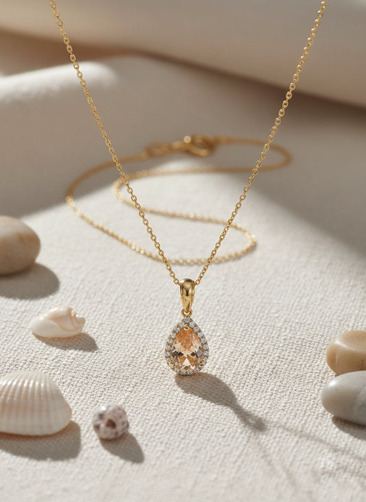 Champagne Pear Halo Necklace (Alloy Brass)