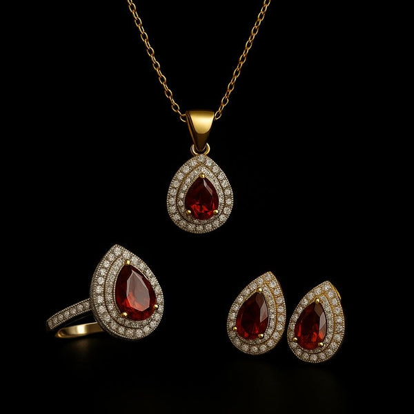 Scarlet Luxe Double Halo Jewelry Set – Pendant, Earrings & Ring