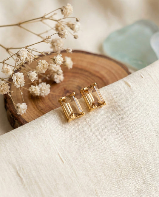 Emerald Cut Citrine Stud Earrings (Alloy Brass)