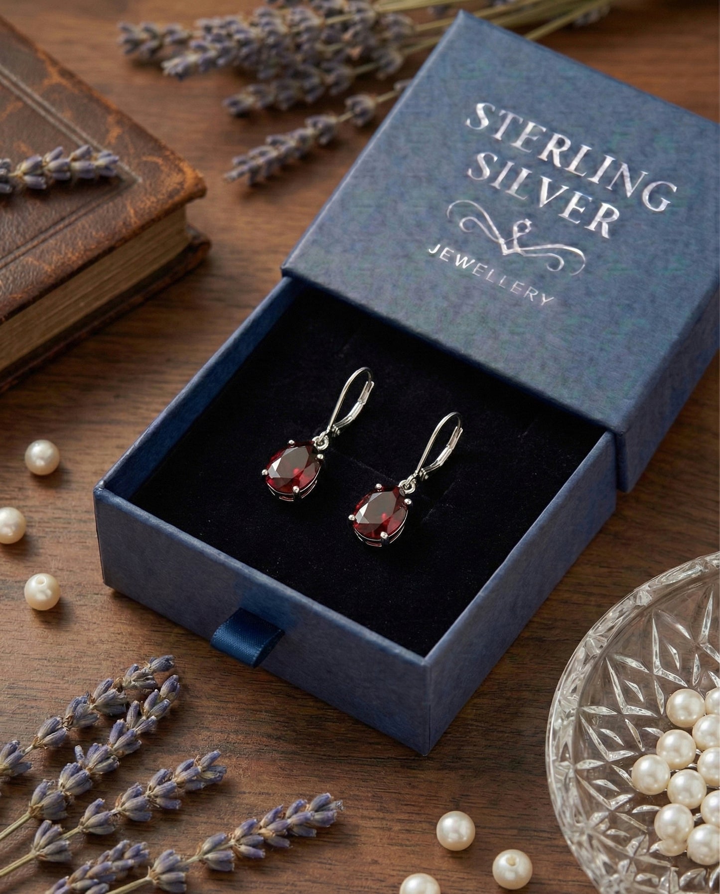 Ruby Red Pear Drop Earrings" (Alloy Brass)