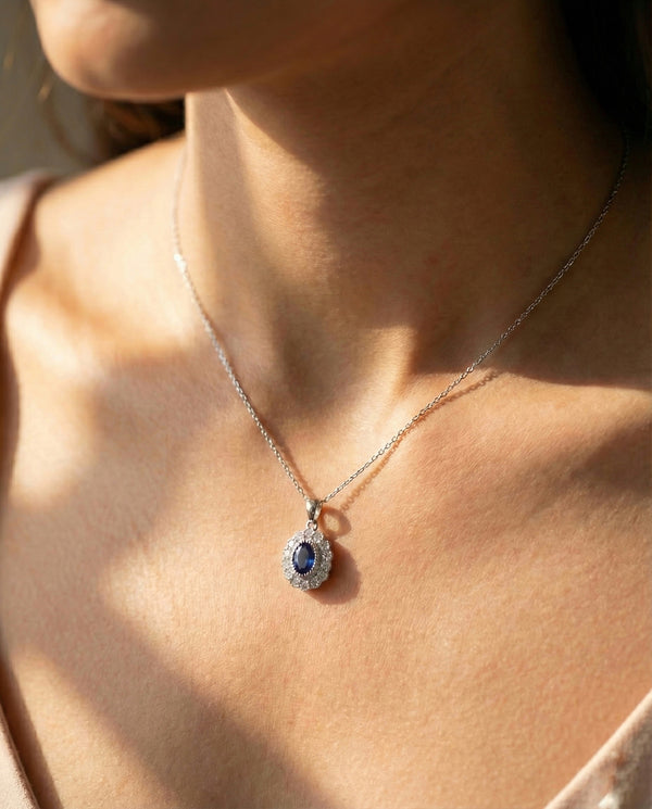 Classic Silver Oval Halo Necklace (Royal Blue)