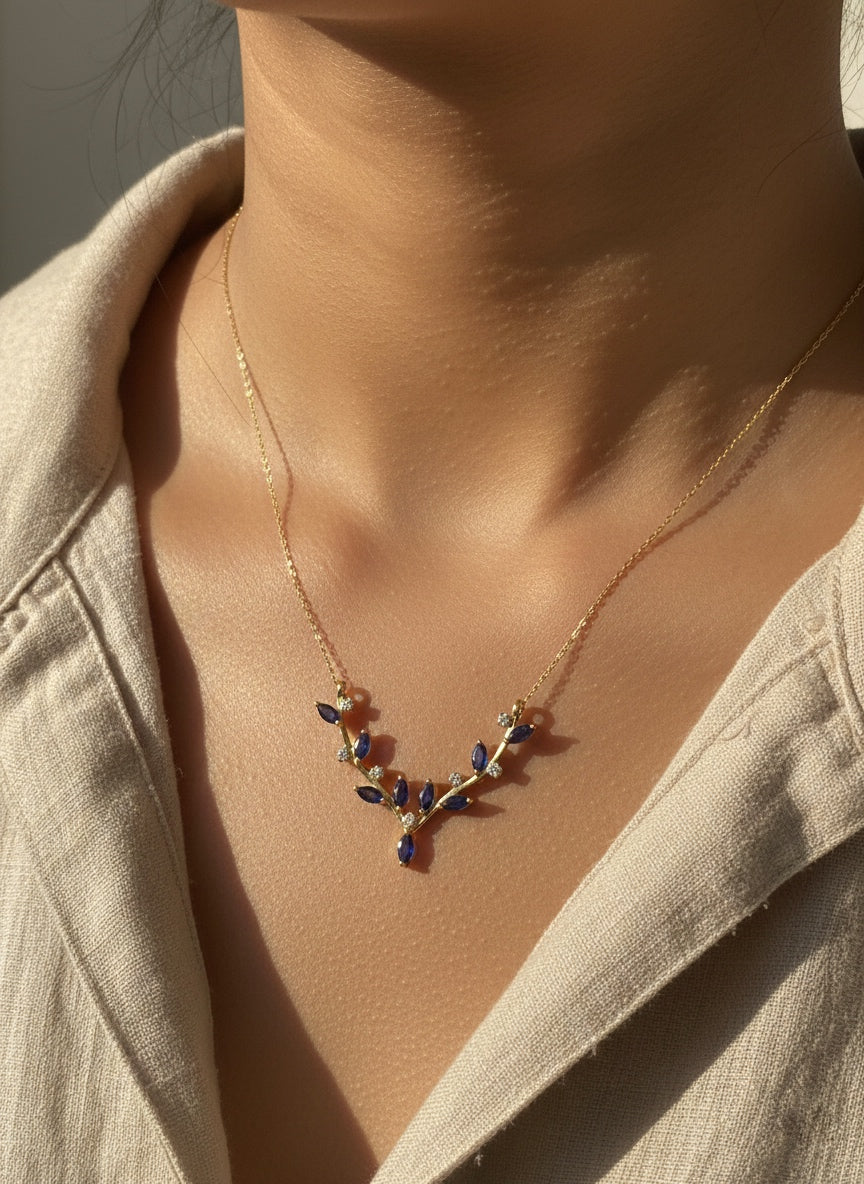 Blue Leaf Necklace (Alloy Brass)