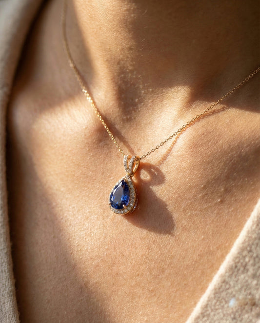Royal Blue Teardrop Halo Necklace (Alloy Brass)