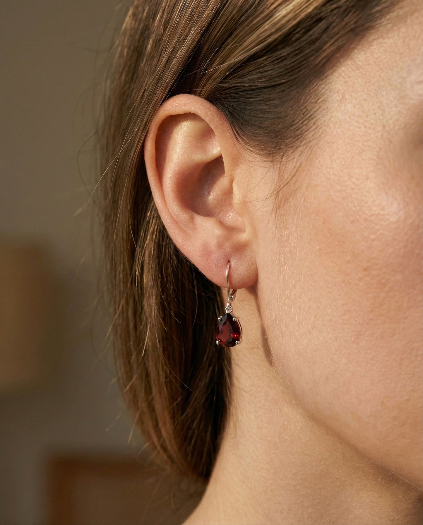 Ruby Red Pear Drop Earrings" (Alloy Brass)