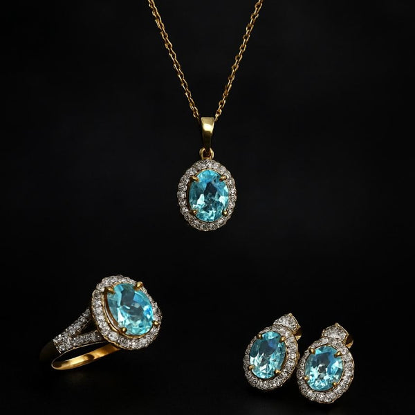 Aqua Radiance Halo Jewelry Set – Pendant, Earrings & Ring