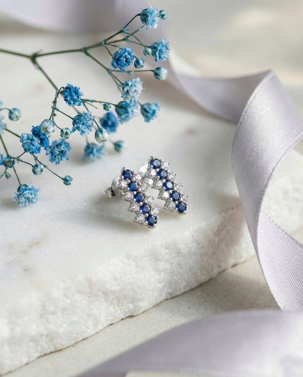 Elegant Blue Stone & Diamond-Style CZ Cluster Stud Earrings – Silver Finish